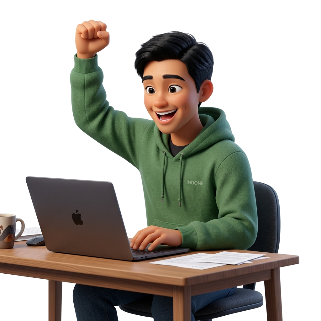 3D Avatar with laptop celebrating success