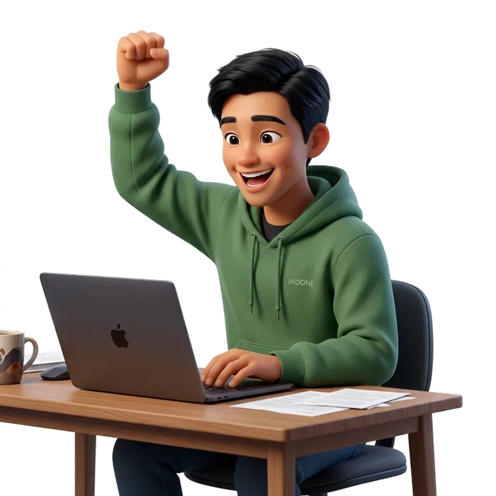 3D Avatar with laptop celebrating success